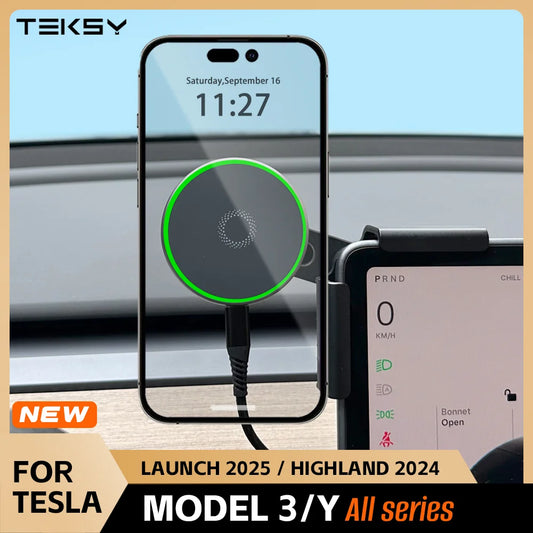 for Tesla Model Y Launch 2025 Model 3 HIGHLAND 2024 Cybertruck BYD Car Phone Mount Holder 15W Magnetic Magsafe Wireless Charger